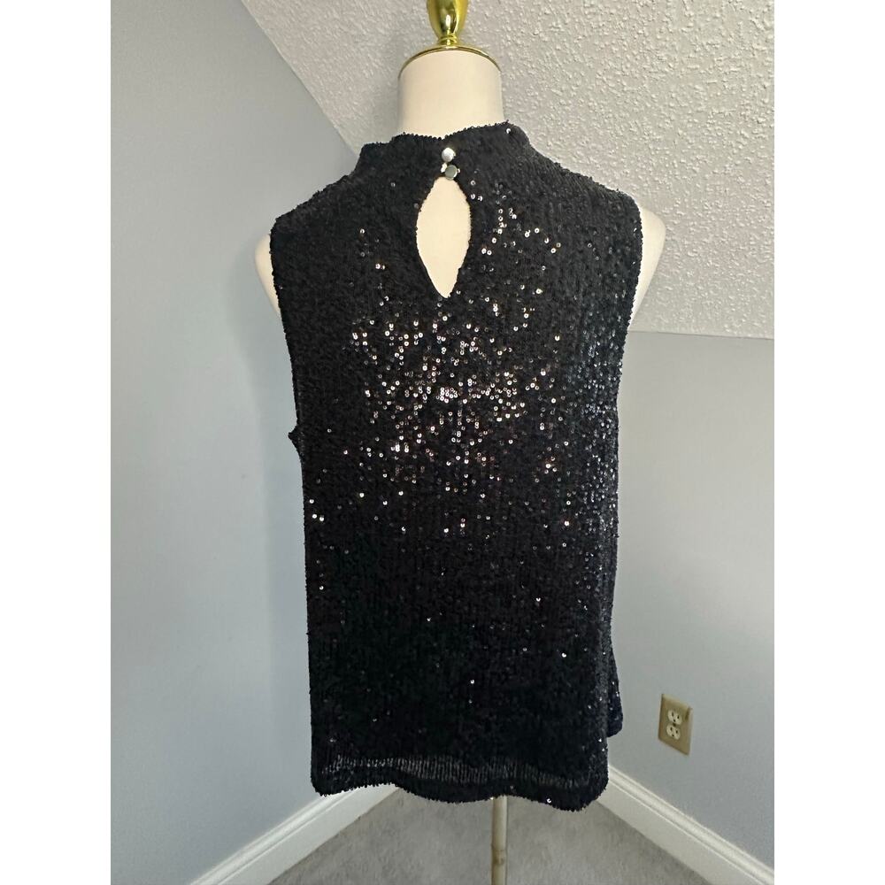 EUC Cable & Gauge Black Sequin Sleeveless Top Sz L Cowl Mock Neck Keyhole - Picture 3 of 7